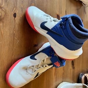 White/Blue Nike basketball shoes with zip off top